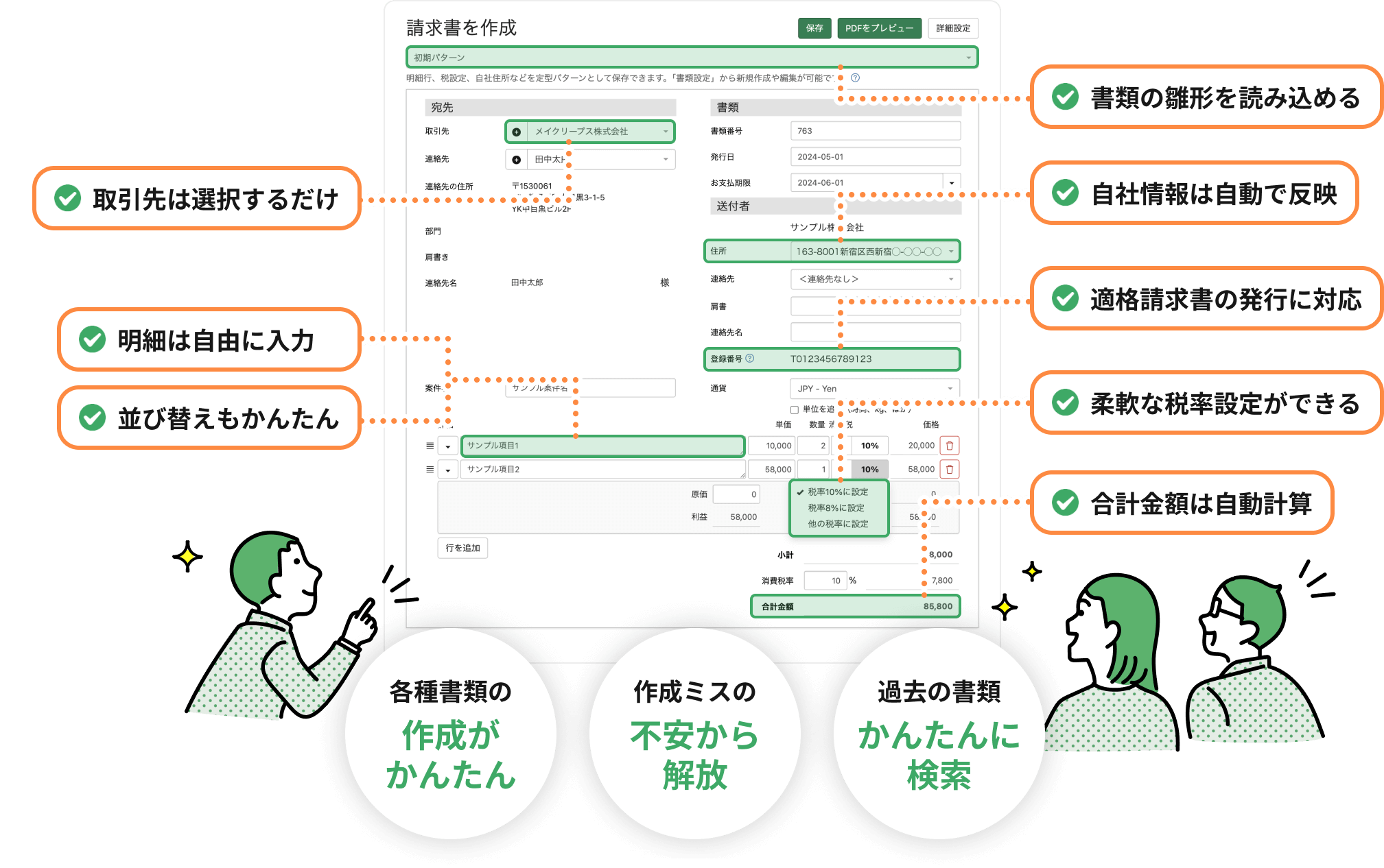 請求書作成画面「各種書類の作成がかんたん」「作成ミスの不安から解放」「過去の書類かんたんに検索」