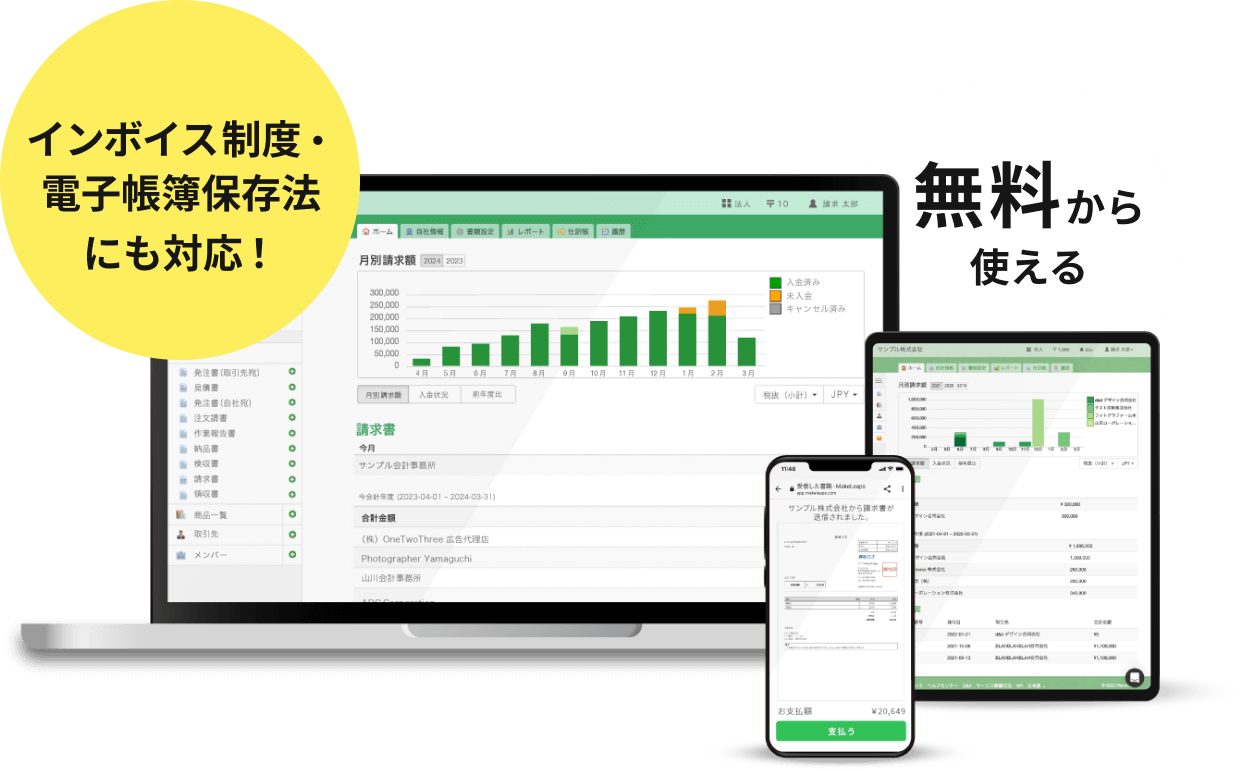 無料から使える。インボイス制度・電子帳簿保存法にも対応!