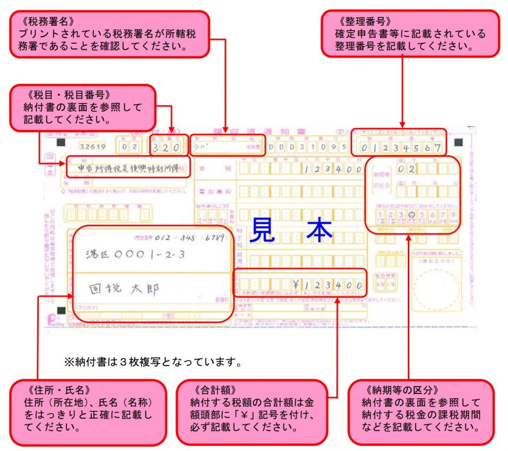 申告所得税の納付書（領収済通知書）の記載例