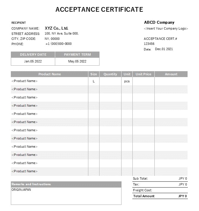 製品サイズ入り・英語受領書Excelテンプレート