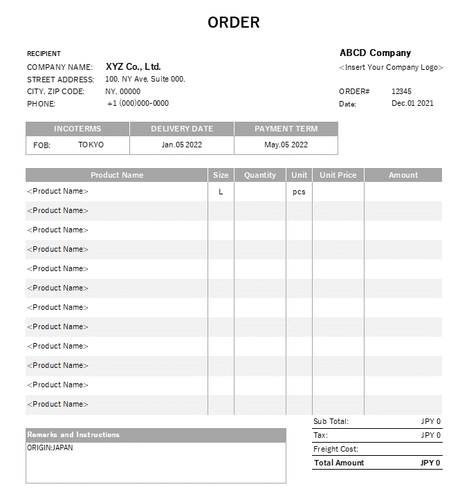 製品サイズ入り・英語発注書Excelテンプレート