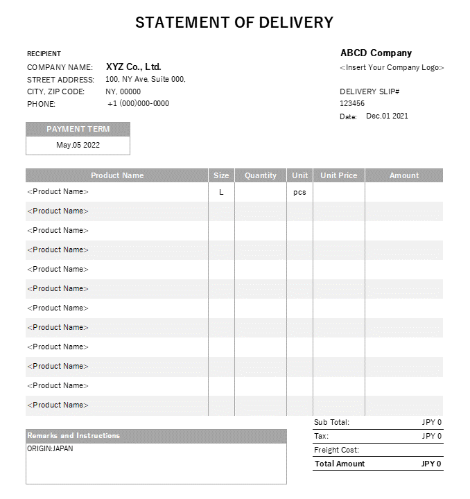 製品サイズ入り・英語納品書Excelテンプレート