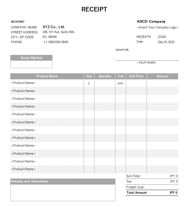 製品サイズ入り・英語領収書Excelテンプレート