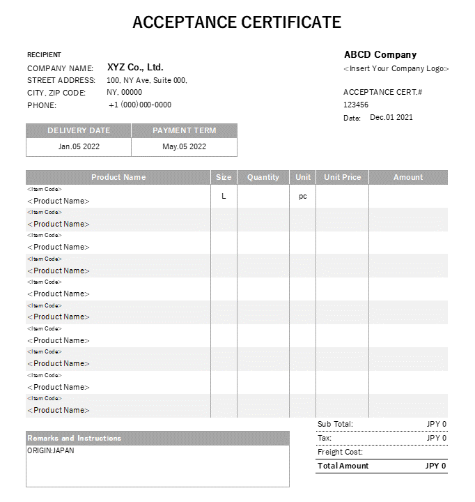 製品サイズ・アイテムコード入り・英語受領書Excelテンプレート