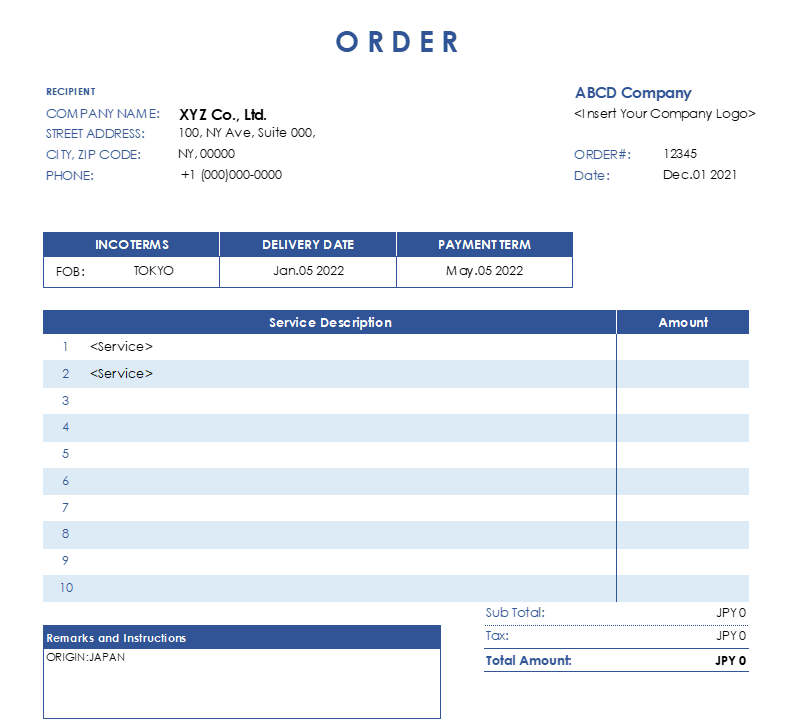 英語（ブルー）の基本的な発注書Excelテンプレート