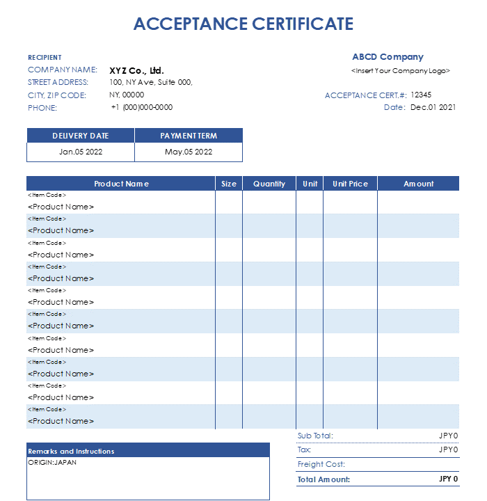 製品サイズ入り・ブルー・英語受領書Excelテンプレート