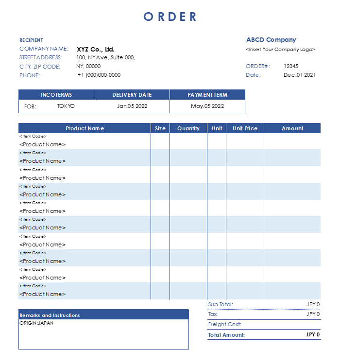 製品サイズ入り・ブルー・英語発注書Excelテンプレート