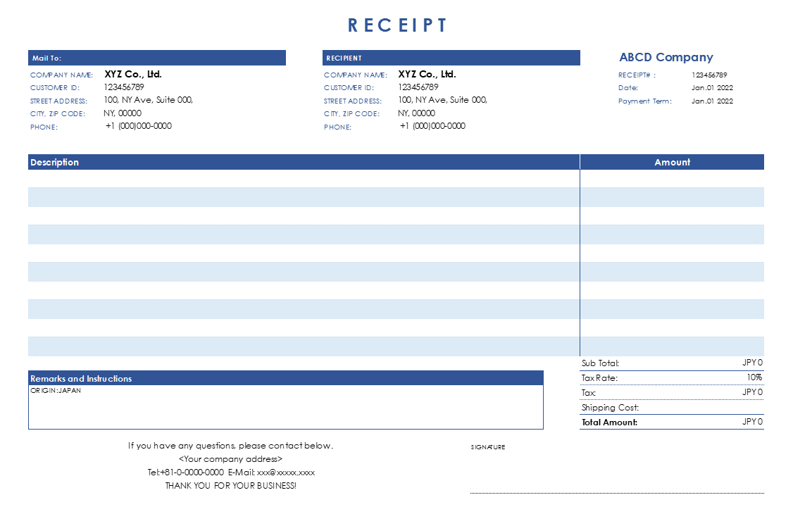 海外配送用・ブルー・英語領収書Excelテンプレート