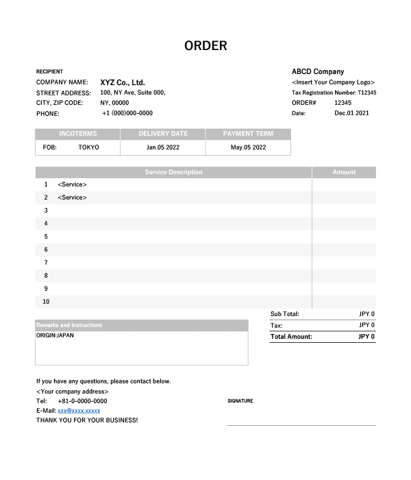 インボイス制度対応・英語の基本的な発注書Excelテンプレート