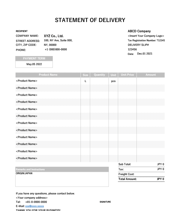 インボイス制度対応・製品サイズ入り・英語納品書Excelテンプレート